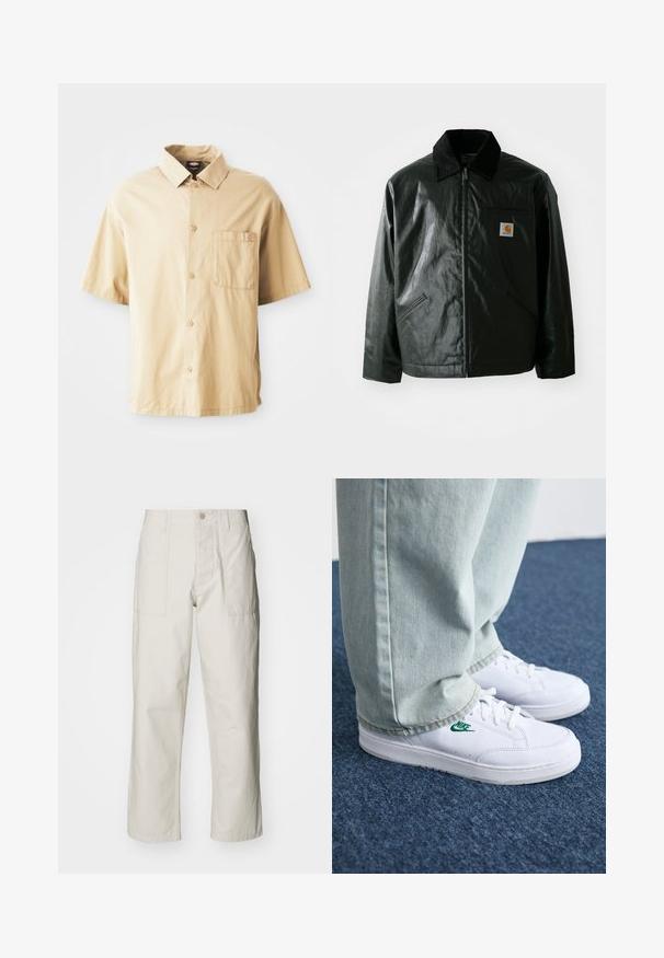 Juodas užtrauktuku užsegamas švarkas, pagamintas iš glotnaus, blizgaus medžiagos. Savybė - keteros apykaklė, dvi priekinės kišenės ir mažas logotipo ženklelis ant krūtinės.; Šviesiai ruda trumpųjų rankovių marškiniai su smailiu apykakle, priekyje mygtukų užsegimas, vienas krūtinės kišenė ir mažas siuvinėtas logotipas ant kišenės.; Šviesiai pilki plačius kelnes, pagamintas iš medvilnės. Yra priekinės kišenės ir mygtuko uždarymas. Lygus paviršius su subtiliomis vertikaliomis linijomis.; Balti odiniai sportbačiai su žaliu Nike logotipu, apvalia nosimi, plokščiu padu, derinami su šviesiai mėlynomis džinsinėmis kelnėmis, rodomi ant mėlynos kiliminės dangos.