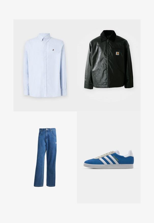 Črna jakna na zadrgo, izdelana iz gladkega, sijočega materiala. Ima žametni ovratnik, dva sprednja žepa in majhno oznako logotipa na prsih.; Svetlo modra srajca s dolgimi rokavi, izdelana iz gladkega materiala, ima majhen vezen rožnato na levem prsnem delu.; Modre visoko pasu široke denim kavbojke z sprednjimi žepi, zankami za pas, gumbom za zapiranje in majhnim logotipom Adidas na desni stegno.; adidas Originals ADIDAS GAZELLE SHOES - Dvoranske nogometne kopačke - real madrid/bluebird/footwear white/crew yellow