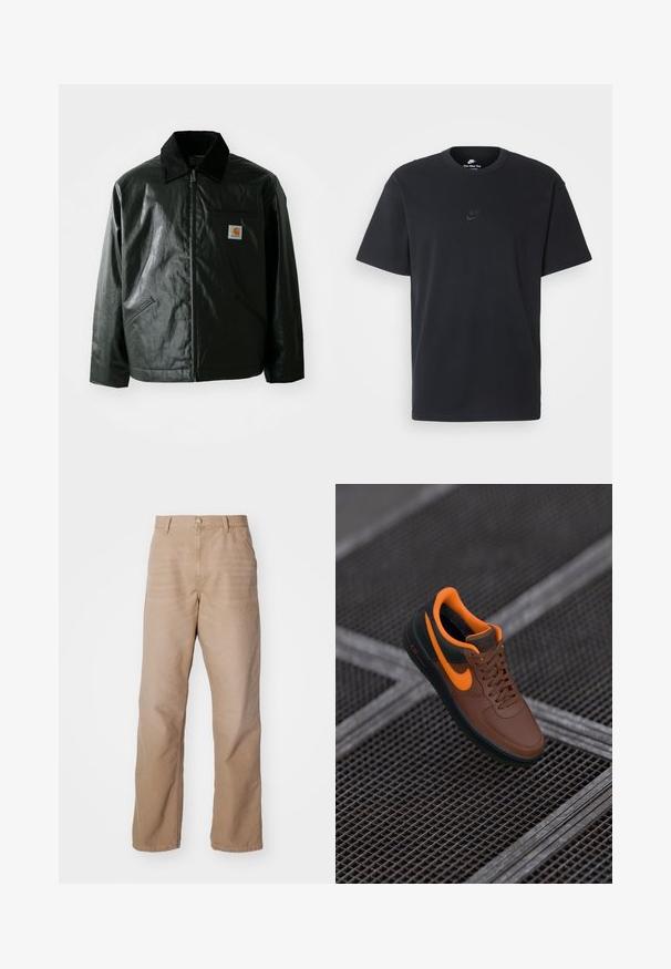 Svart zip-up jakke laget av jevnt, blankt materiale. Har en kordfløyelskrage, to frontlommer og en liten logo-lapp på brystet.; Nike svart bomull T-skjorte med klassisk rund hals, korte ermer, og en subtil, preget logo på brystet. Glatt tekstur.; Beige bomullsbukser med rett ben-design, med glidelås, fem-lommers stil og subtil tekstur.; Brune lærersneaker med oransje detaljer, rund tå, snøring og teksturert overflate. Grønn gummisåle med "AIR"-merke synlig.