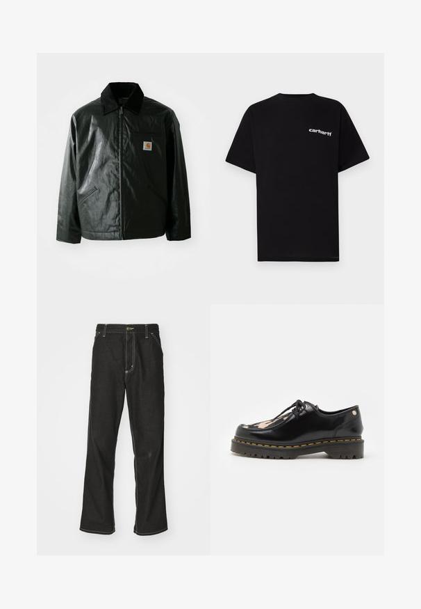 Casaco preto com fecho éclair, feito de material liso e brilhante. Apresenta um colarinho de veludo, dois bolsos frontais e um pequeno emblema no peito.; T-shirt preta de algodão com mangas curtas, decote redondo e logótipo branco "Carhartt" no peito esquerdo. Textura suave, design minimalista.; Calças de ganga pretas de corte largo, com costuras brancas em contraste, fecho de botão e design de perna reta.; Dr. Martens ZEFFIR 3I - Sapatos casuais com atacadores - black/beige