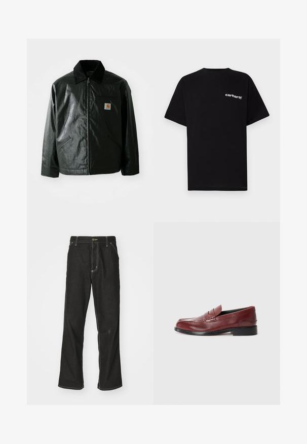 Črna jakna na zadrgo, izdelana iz gladkega, sijočega materiala. Ima žametni ovratnik, dva sprednja žepa in majhno oznako logotipa na prsih.; Črna bombažna majica s kratkimi rokavi, okroglim izrezom in belim napisom "Carhartt" na levi prsni strani. Gladek tekstura, minimalističen dizajn.; Črne jeans hlače ohlapenega kroja, ki imajo kontrastno belo šivanje, zapiranje na gumb in ravno nogavico.; Bordo usnjeni loafer z gladko površino, dekorativnim stikom in zaobljenim prstom. Ima nizek črn pete.