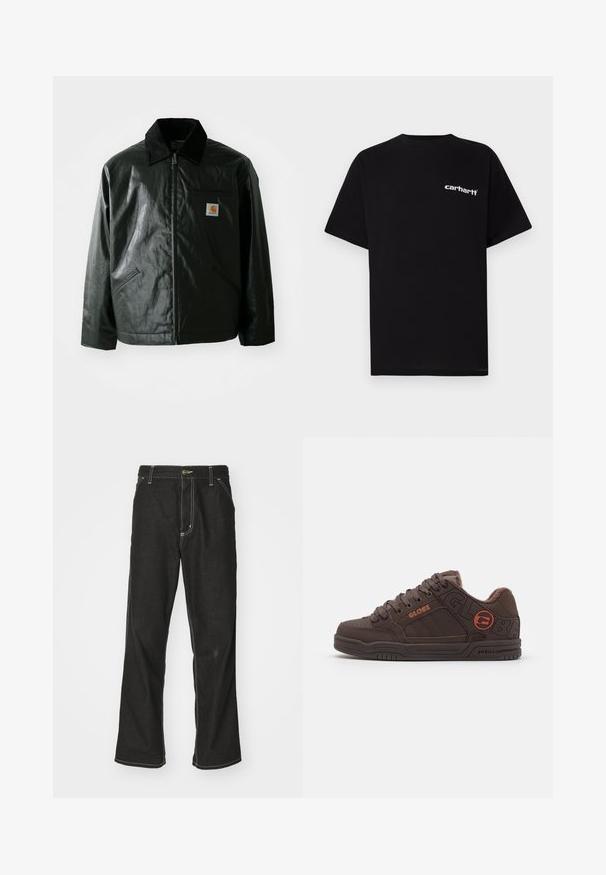 Must mustaga, läikiva materjaliga musta värvi jakk. Omab kordonilõikega kraed, kahte esikäe taskut ja väikest logo sildi rinnal.; Mustast puuvillast lühikeste varrukatega t-särk, ümara kaelusega ja valge "Carhartt" logoga vasakul rinnal. Sile tekstuur, minimalistlik disain.; Mustadest denimist püksid, lahtise lõikega, kontrastsete valgete õmblustega, nööbiga kinnitamine ja sirge säär.; Pruunid rula kingad pehmendatud kraega, tekstuuriga nahast ülemise osaga ja reljeefse logoga. Omab paksu paelu ja kummist põhi, millel on sooned.