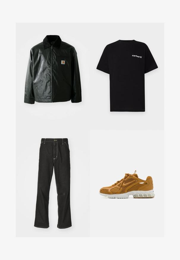 Fekete zipzáros dzseki sima, fényes anyagból. Kordbársony gallérral, két elülső zsebbel és egy kis logós felvarrással a mellkason.; Fekete pamut rövid ujjú póló kerek nyakkivágással és fehér "Carhartt" logóval a bal mellrészen. Simaszövetű, letisztult dizájn.; Fekete farmernadrág laza szabással, kontrasztos fehér varrással, gombos záródással és egyenes lábmegoldással.; Barna hálós és bőr sneaker fehér talppal. Jellemzője a texturált felsőrész, több szellőzőnyílás és a párnázott sarok.