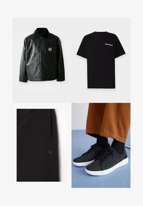 Schwarze Zip-Jacke aus glattem, glänzendem Material. Verfügt über einen Cordkragen, zwei Fronttaschen und ein kleines Logo-Patch auf der Brust.; Schwarzes Baumwoll-T-Shirt mit kurzen Ärmeln, Rundhalsausschnitt und weißem "Carhartt"-Logo auf der linken Brust. Glatte Textur, minimalistisches Design.; Schwarze Jogginghose aus weichem Stoff mit einer seitlichen Tasche und einem kleinen, geprägten Logo. Gerader Schnitt mit glatter Textur.; Schwarze Wildleder-Sneaker mit weißen Gummisohlen, mit Schnürdesign, strukturierten Akzenten und dezentem Branding, kombiniert mit braunen Hosen.