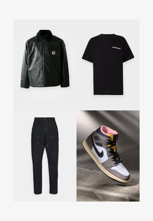 Jachetă neagră cu fermoar, confecționată dintr-un material neted și lucios. Prezintă un guler din catifea, două buzunare frontale și un mic logo brodat pe piept.; Tricou negru din bumbac cu mâneci scurte, decolteu rotund și logo-ul alb "Carhartt" pe pieptul stâng. Textură netedă, design minimalist.; Carhartt WIP DOUBLE KNEE PANT - Pantaloni - black aged canvas; Sneaker Nike Air Jordan de tip high-top, alb, gri și negru, cu interior roz și limbă galbenă, amplasat pe o suprafață din beton.