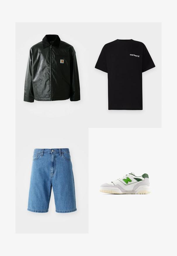 Black zip-up jacket made of smooth, shiny material. Features a corduroy collar, two front pockets, and a small logo patch on the chest.; Black cotton t-shirt with short sleeves, crew neckline, and white "Carhartt" logo on the left chest. Smooth texture, minimal design.; Blue denim shorts with a relaxed fit, waistband with belt loops, front button closure, and rolled hems. No visible patterns or accents.; White sneaker with green accents, made of leather and suede. Features a textured upper, padded collar, and a rubber sole with visible tread.