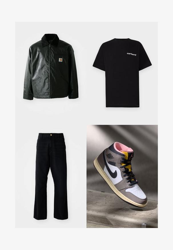 Melnā zip-up jaka, izgatavota no gludas, spīdīgas materiāla. Ir korduroja apkakle, divas priekšējās kabatas un neliela logo placdarma uz krūtīm.; Melna kokvilnas T-krekls ar īsām piedurknēm, apaļu kakla izgriezumu un baltu "Carhartt" logotipu uz kreisās krūtis. Gluda tekstūra, minimālistisks dizains.; Melnas denima bikses ar brīvu piegriezumu, ar zelta pogu, piecu kabatu dizainu un taisnu kāju griezumu. Gluda tekstūra.; Augstās Nike Air Jordan kedas baltā, pelēkā un melnā krāsā ar rozā iekšpusi un dzelteno mēli, novietotas uz betona virsmas.