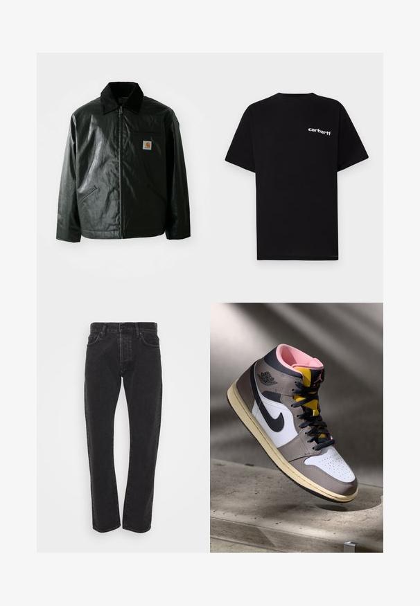 Crna zip-up jakna izrađena od glatkog, sjajnog materijala. Ima okovratnik od kordura, dva prednja džepa i mali logotip na prsima.; Crna pamučna majica kratkih rukava, s okruglim izrezom i bijelim logotipom "Carhartt" na lijevoj strani prsa. Glatka tekstura, minimalistički dizajn.; Muške crne traperice ravnog kroja s prednjim dugmetom i patentnim zatvaračem, pet džepova iesti rukava na običnoj bijeloj pozadini.; Visoke Nike Air Jordan tenisice u bijeloj, sivoj i crnoj boji s ružičastim unutrašnjim dijelom i žutim jezikom, postavljene na betonskoj površini.