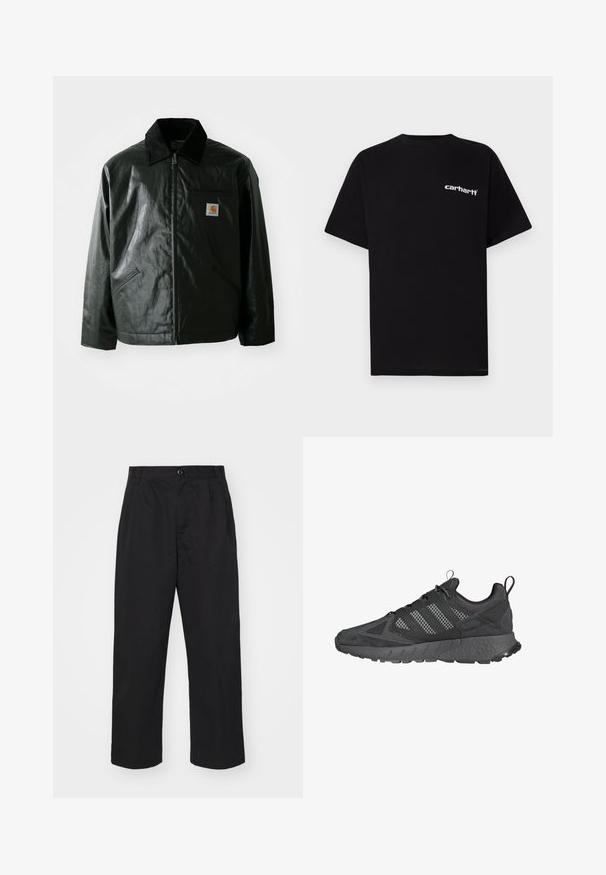Veste noire zippée en matériau lisse et brillant. Elle dispose d'un col en velours côtelé, de deux poches avant et d'un petit écusson logo sur la poitrine.; T-shirt en coton noir à manches courtes, col rond, avec le logo blanc "Carhartt" sur la poitrine gauche. Texture lisse, design minimaliste.; Pantalons en coton noir à coupe droite, avec une fermeture à bouton, deux poches avant et une texture lisse.; Baskets de sport noires avec tige en maille et daim, semelle en caoutchouc texturé, col rembourré et design distinctif à trois bandes grises.