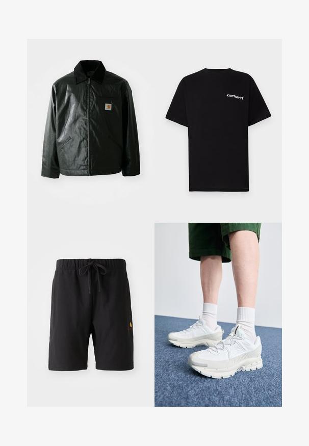 Giacca nera con zip realizzata in materiale liscio e lucido. Presenta un colletto in corduroy, due tasche frontali e una piccola patch con logo sul petto.; T-shirt in cotone nero con maniche corte, scollo a girocollo e logo bianco "Carhartt" sul petto a sinistra. Texture liscia, design minimalista.; Pantaloni corti neri con vita elastica e cordino. Presentano una tasca laterale e un piccolo logo in rosso e giallo sul lato sinistro in basso.; Scarpe da ginnastica bianche con sovrapposizioni testurizzate, suola spessa e accenti grigi. Indossate con calze corte bianche e pantaloni corti verdi su una superficie blu.