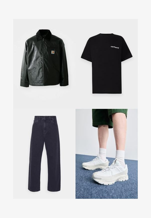 Casaco preto com fecho éclair, feito de material liso e brilhante. Apresenta um colarinho de veludo, dois bolsos frontais e um pequeno emblema no peito.; T-shirt preta de algodão com mangas curtas, decote redondo e logótipo branco "Carhartt" no peito esquerdo. Textura suave, design minimalista.; Jeans de ganga de lavagem escura com uma silhueta de perna larga, cintura alta e design de cinco bolsos. Apresenta um fecho clássico com botão e zip.; Sapatos atléticos brancos com sobreposições texturizadas, sola espessa e detalhes em cinza. Usados com meias brancas até ao tornozelo e calções verdes sobre uma superfície azul.