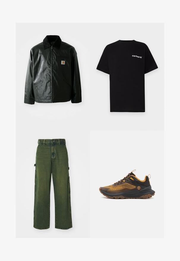 Black zip-up jacket made of smooth, shiny material. Features a corduroy collar, two front pockets, and a small logo patch on the chest.; Black cotton t-shirt with short sleeves, crew neckline, and white "Carhartt" logo on the left chest. Smooth texture, minimal design.; Green denim cargo pants with wide legs, featuring side pockets, faded texture, and classic button and zipper closure.; Black and yellow athletic shoes with a mesh upper, textured rubber sole, and reinforced toe. Features a logo on the side and contrasting laces.