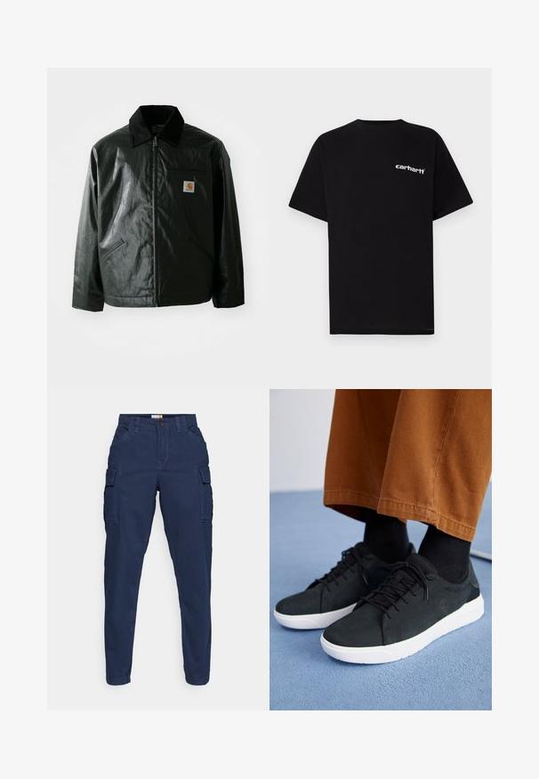 Must mustaga, läikiva materjaliga musta värvi jakk. Omab kordonilõikega kraed, kahte esikäe taskut ja väikest logo sildi rinnal.; Mustast puuvillast lühikeste varrukatega t-särk, ümara kaelusega ja valge "Carhartt" logoga vasakul rinnal. Sile tekstuur, minimalistlik disain.; Tumed sinine cargo püksid küljetaskutega, kitseneva jala disainiga, lapik eesmine osa ja nööbiga sulgemine. Valmistatud vastupidavast kangast, millel on puhas viimistlus.; Mustad suede spordijalatsid valge kummitaldaga, millel on paeltega kinnitamine, tekstuuriga aktsendid ja tagasihoidlik bränding, koos pruuni pükstega.