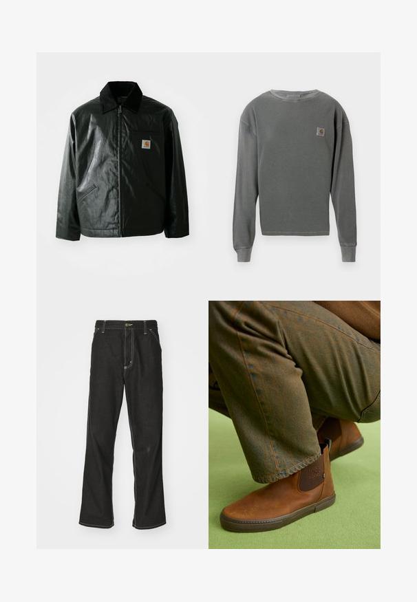 Svart zip-up jacka gjord av slätt, glänsande material. Har en manchesterkrage, två framfickor och en liten logotyp på bröstet.; Grå långärmad tröja med rund hals och ribbad textur, med en liten fyrkantig logotyp på vänster bröst och ribbade ärmslut.; Svarta denimjeans med en lös passform, med kontrasterande vita sömmar, knäppning och raka ben.; Bruna läderankelboots med en slät yta, elastiska sidopaneler och gummisulor, ihopparade med mörkgröna texturerade byxor.