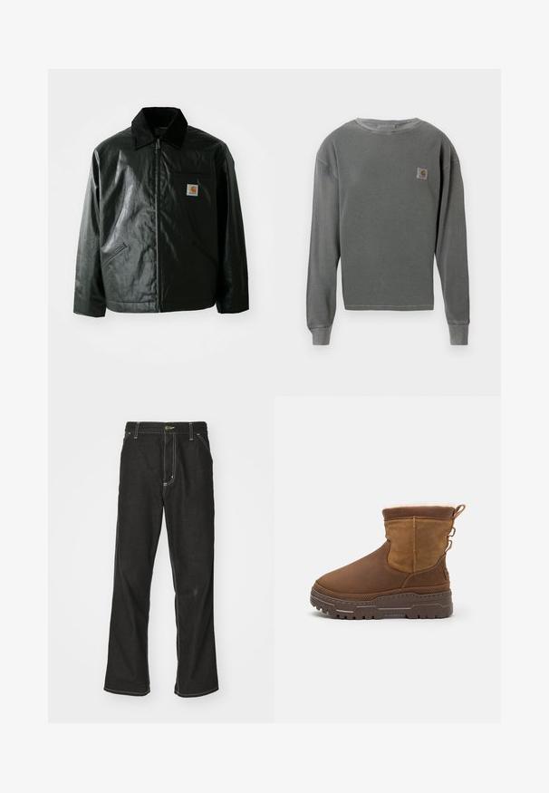 Fekete zipzáros dzseki sima, fényes anyagból. Kordbársony gallérral, két elülső zsebbel és egy kis logós felvarrással a mellkason.; Szürke, hosszú ujjú, crewneck pulcsi bordázott textúrával, a bal mellen egy kis négyzet alakú logóval és bordázott mandzsettával.; Fekete farmernadrág laza szabással, kontrasztos fehér varrással, gombos záródással és egyenes lábmegoldással.; Barna velúr bokacsizmák puha szőrme bélelésse, masszív gumitalppal és díszes oldalszíjakkal a könnyű felvétel érdekében. A felső rész textúrált felületű.
