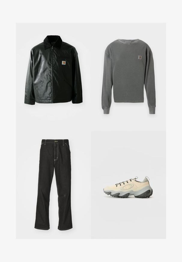 Black zip-up jacket made of smooth, shiny material. Features a corduroy collar, two front pockets, and a small logo patch on the chest.; Gray long-sleeve crewneck sweatshirt with ribbed texture, featuring a small square logo patch on the left chest and ribbed cuffs.; Black denim jeans with a loose fit, featuring contrasting white stitching, a button closure, and a straight leg design.; Beige athletic shoes with a textured mesh upper, grey rubber sole, prominent curved design, and grey laces. Features a pull tab on the heel.