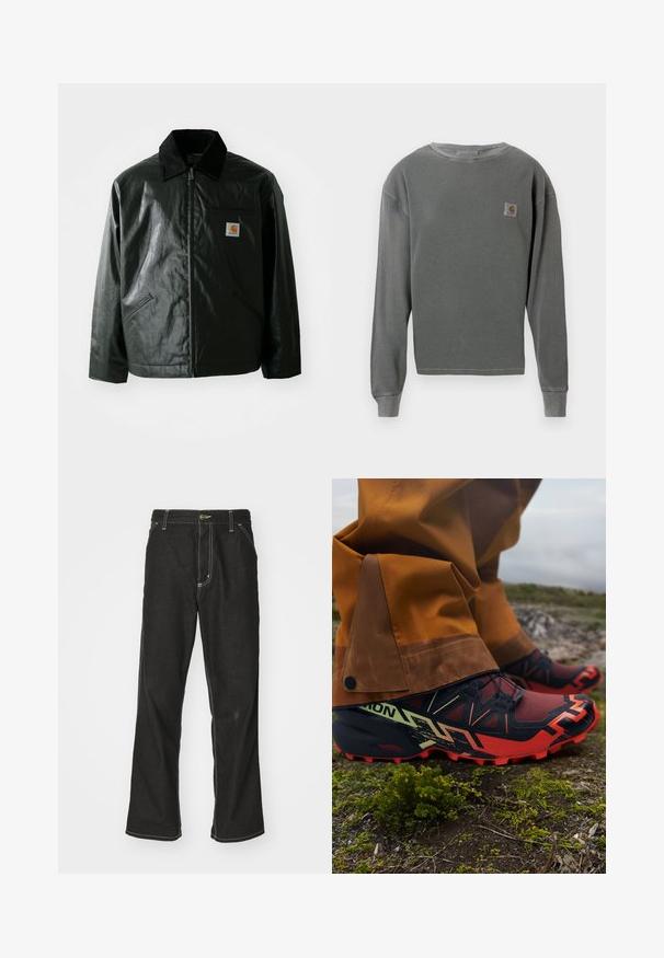 Must mustaga, läikiva materjaliga musta värvi jakk. Omab kordonilõikega kraed, kahte esikäe taskut ja väikest logo sildi rinnal.; Hallhunnik, halli pikad varrukad, ümar kaelus, millel on ribakujundus. Vasakul rinnal on väike ruudukujuline logo ja ribakujundusega varrukate otsad.; Mustadest denimist püksid, lahtise lõikega, kontrastsete valgete õmblustega, nööbiga kinnitamine ja sirge säär.; Metsajooksu kingad musta, punase ja kollase värviskeemiga. Võrgust pealisosa, tekstureeritud tallad ja elastsed paelad kindla istuvuse jaoks.