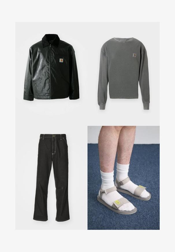 Černá zipová bunda vyrobená z hladkého, lesklého materiálu. Má jemný manžetový límec, dvě přední kapsy a malou značkovou nášivku na hrudi.; Šedá dlouhá mikina s kulatým výstřihem a žebrovanou texturou, s malou čtvercovou nášivkou na levé hrudi a žebrovanými manžetami.; Černé denimové džíny s volným střihem, s kontrastním bílým prošíváním, zapínáním na knoflík a rovnými nohavicemi.; Béžové sandály s nastavitelnými popruhy, nošené přes bílé ponožky. Podešve jsou ploché s texturovaným vzorem. Umístěné na modrém koberci.