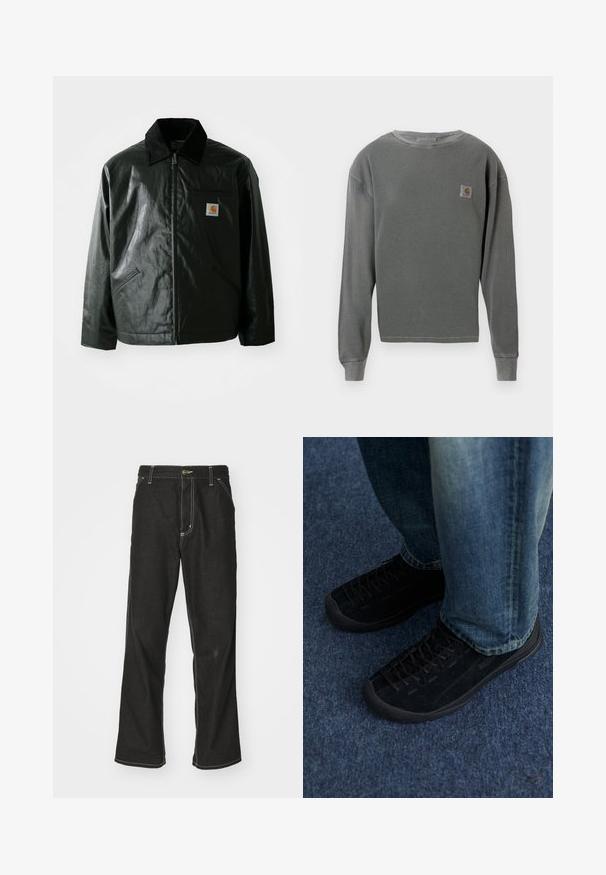 Chaqueta negra con cremallera hecha de un material liso y brillante. Presenta un cuello de pana, dos bolsillos frontales y un pequeño parche con el logo en el pecho.; Sudadera gris de manga larga con cuello redondo y textura acanalada, que presenta un pequeño parche de logo cuadrado en el lado izquierdo del pecho y puños acanalados.; Jeans de mezclilla negra con un corte holgado, que cuentan con costuras blancas contrastantes, cierre de botón y un diseño de pierna recta.; Zapatillas de ante negro con superficie texturizada, cordones sutiles y suelas de goma duraderas, combinadas con jeans de denim azul.