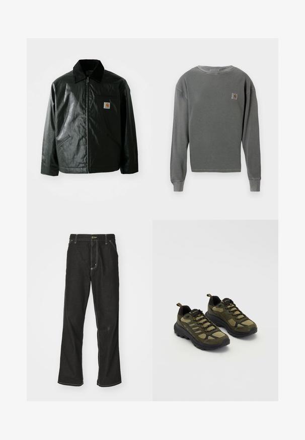 Čierna bundu na zips vyrobenú z hladkého, lesklého materiálu. Obsahuje kordový golier, dve predné vrecká a malú nášivku s logom na hrudi.; Šedá dlhá mikina s kruhovým výstrihom a rebrovanou textúrou, s malou štvorcovou nášivkou na ľavej hrudi a rebrovanými manžetami.; Čierne denimové nohavice s voľným strihom, s kontrastným bielym prešívaním, uzáverom na gombík a rovnými nohavicami.; Zelené a čierne športové topánky s textúrovaným zvrškom, sieťovanými panelmi, pevnou podrážkou a šnurovacím dizajnom s posilnenou špičkou a pätou.