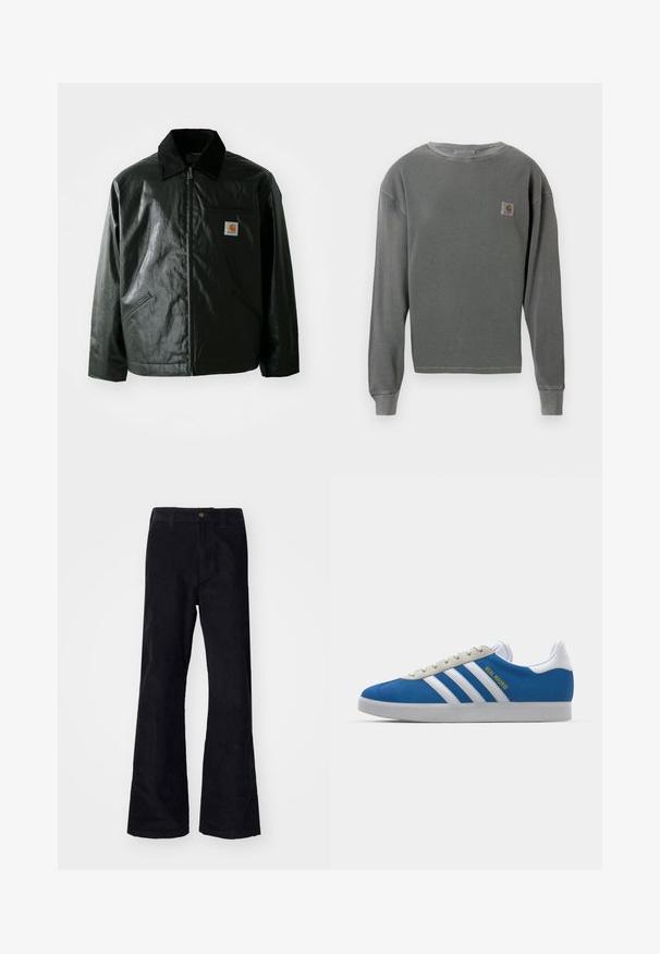 Melnā zip-up jaka, izgatavota no gludas, spīdīgas materiāla. Ir korduroja apkakle, divas priekšējās kabatas un neliela logo placdarma uz krūtīm.; Pelēks garās piedurknes kruzēns ar ribotu tekstūru, ar mazu kvadrātveida logotipa uzšuvumu kreisajā krūtī un ribotām aprocēm.; Melnas kokvilnas flared bikses ar tradicionālo jostasvietu, vienu priekšējo pogu un kabatām sānos un aizmugurē. Raita tekstūra.; adidas Originals ADIDAS GAZELLE SHOES - Futbola apavi iekštelpām - real madrid/bluebird/footwear white/crew yellow