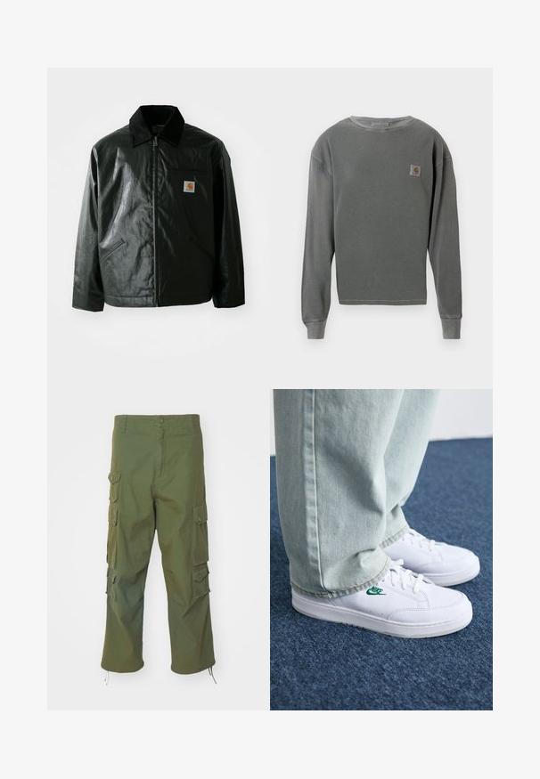 Black zip-up jacket made of smooth, shiny material. Features a corduroy collar, two front pockets, and a small logo patch on the chest.; Gray long-sleeve crewneck sweatshirt with ribbed texture, featuring a small square logo patch on the left chest and ribbed cuffs.; Olive green cargo pants made of cotton, featuring side pockets, button closure, straight fit, and adjustable hems for a customizable length.; White leather sneakers with green Nike logo, round toe, flat sole, paired with light blue denim pants, shown on a blue carpet.