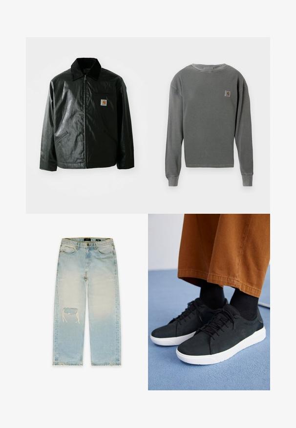 Must mustaga, läikiva materjaliga musta värvi jakk. Omab kordonilõikega kraed, kahte esikäe taskut ja väikest logo sildi rinnal.; Hallhunnik, halli pikad varrukad, ümar kaelus, millel on ribakujundus. Vasakul rinnal on väike ruudukujuline logo ja ribakujundusega varrukate otsad.; EIGHTYFIVE KNEE CUT - Loose fit teksad - island blue; Mustad suede spordijalatsid valge kummitaldaga, millel on paeltega kinnitamine, tekstuuriga aktsendid ja tagasihoidlik bränding, koos pruuni pükstega.