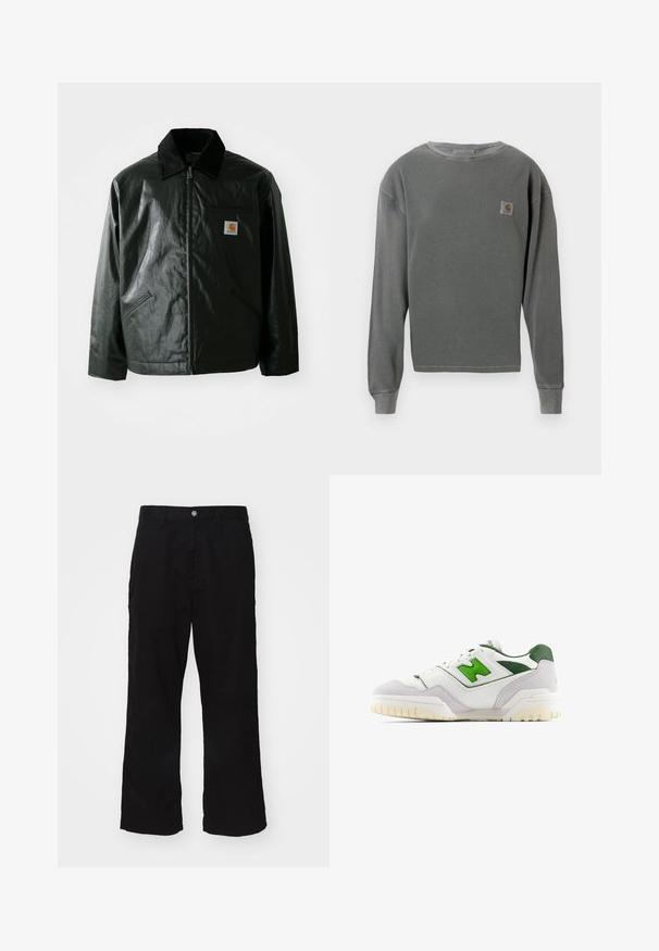 Giacca nera con zip realizzata in materiale liscio e lucido. Presenta un colletto in corduroy, due tasche frontali e una piccola patch con logo sul petto.; Pullover grigio a manica lunga con collo a girocollo, caratterizzato da una texture a coste, con una piccola etichetta quadrata logo sul lato sinistro del petto e polsini a coste.; Pantaloni neri a gamba larga realizzati in tessuto misto cotone, con chiusura a bottone e taglio dritto con cuciture minime visibili.; Sneaker bianca con accenti verdi, realizzata in pelle e suede. Presenta una tomaia testurizzata, colletto imbottito e una suola in gomma con battistrada visibile.