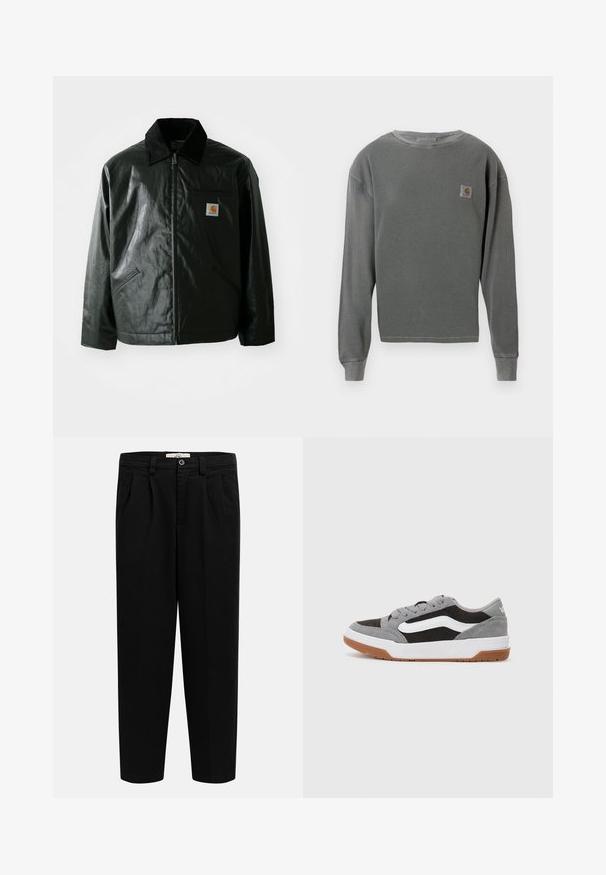 Černá zipová bunda vyrobená z hladkého, lesklého materiálu. Má jemný manžetový límec, dvě přední kapsy a malou značkovou nášivku na hrudi.; Šedá dlouhá mikina s kulatým výstřihem a žebrovanou texturou, s malou čtvercovou nášivkou na levé hrudi a žebrovanými manžetami.; Černé rovné kalhoty s vysokým pasem, poutky na pásek, předními záhyby, bočními kapsami a zapínáním na knoflík v pase.; Šedé a černé semišové tenisky s bílými detaily a gumovou podešví, s kulatou špičkou a šněrováním.