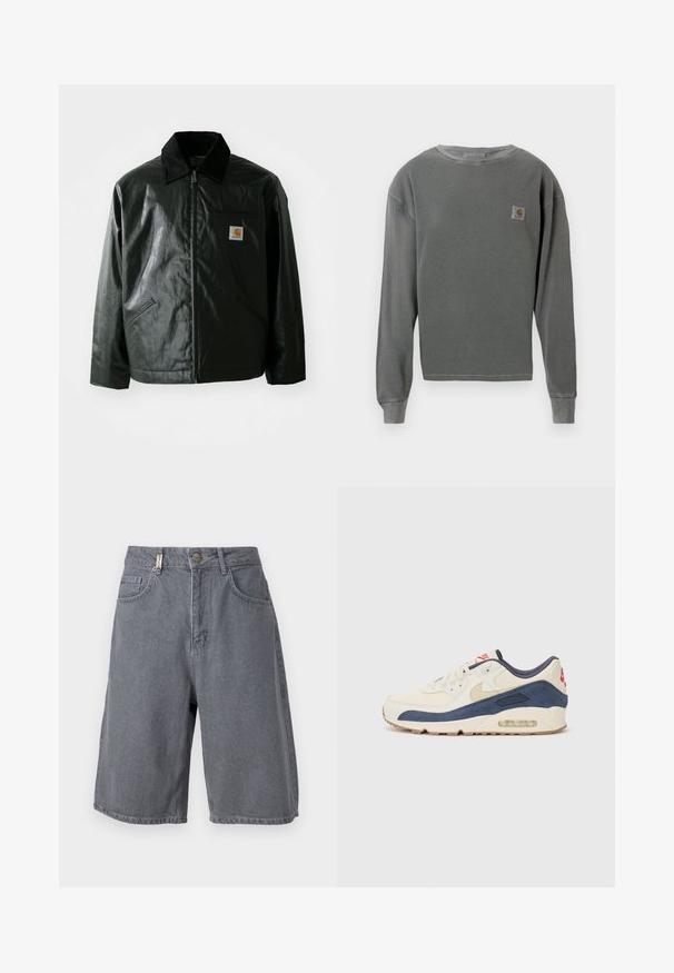 Zwarte ritssluiting jas van glad, glanzend materiaal. Heeft een corduroy kraag, twee voorzakken en een klein logo label op de borst.; Grijze langekatoenen sweatshirt met crewneck en ribbeltextuur, voorzien van een klein vierkant logopatch op de linkerborst en ribgebreide manchetten.; Grijze denim shorts met een relaxte pasvorm, voorzien van een knoopsluiting, vijf zakken en een licht vervaagde textuur. Tijdloos en veelzijdig ontwerp.; Sneakers met een crème leren en marineblauwe suède bovenkant, voorzien van een zichtbare luchtzool, beige rubberen buitenzool en een rode accent op de hiel.