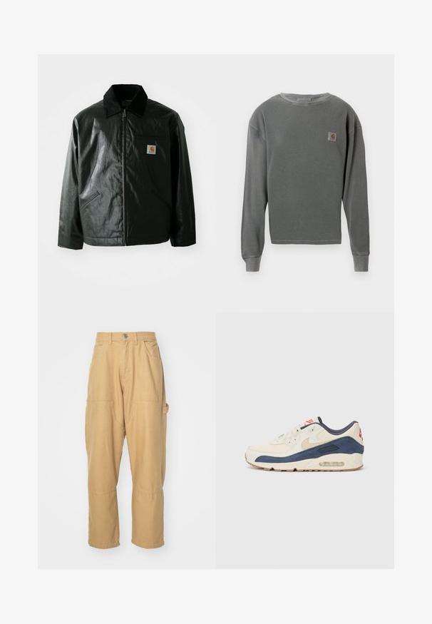 Veste noire zippée en matériau lisse et brillant. Elle dispose d'un col en velours côtelé, de deux poches avant et d'un petit écusson logo sur la poitrine.; Sweatshirt gris à manches longues et col rond avec une texture côtelée, featuring un petit patch logo carré sur la poitrine gauche et des poignets côtelés.; Pantalons cargo beiges en tissu mélangé de coton. Dotés de plusieurs poches, de jambes droites et d'une fermeture à bouton à la taille.; Baskets avec un dessus en cuir crème et en suède bleu marine, dotées d'une semelle à air visible, d'une semelle en caoutchouc beige et d'un accent rouge au talon.