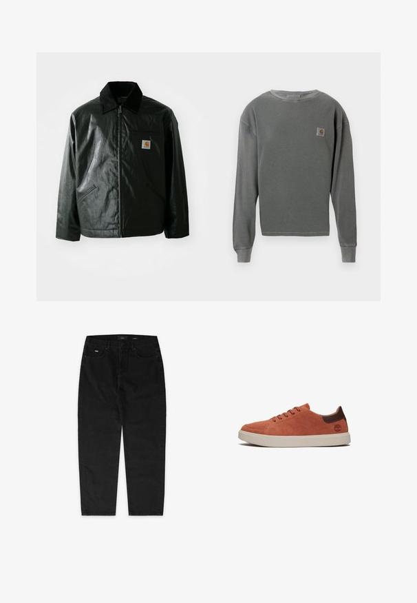 Veste noire zippée en matériau lisse et brillant. Elle dispose d'un col en velours côtelé, de deux poches avant et d'un petit écusson logo sur la poitrine.; Sweatshirt gris à manches longues et col rond avec une texture côtelée, featuring un petit patch logo carré sur la poitrine gauche et des poignets côtelés.; EIGHTYFIVE WITH LOOP - Jean baggy - black washed; Baskets basses élégantes en daim orange brûlé avec des accents en cuir marron et une semelle en caoutchouc blanc contrastant. Bout rond et cinq œillets pour les lacets.