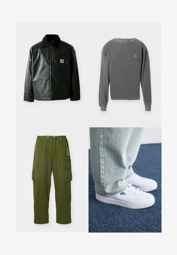 Schwarze Zip-Jacke aus glattem, glänzendem Material. Verfügt über einen Cordkragen, zwei Fronttaschen und ein kleines Logo-Patch auf der Brust.; Grauer Langarm-Sweatshirt mit Rundhalsausschnitt und gerippter Textur, ausgestattet mit einem kleinen quadratischen Logopatch auf der linken Brust und gerippten Bündchen.; Manastash FLEX CLIMBER - Cargohose - oliv; Weiße Leder-Sneaker mit grünem Nike-Logo, runde Zehenpartie, flache Sohle, kombiniert mit hellblauen Jeans, präsentiert auf einem blauen Teppich.