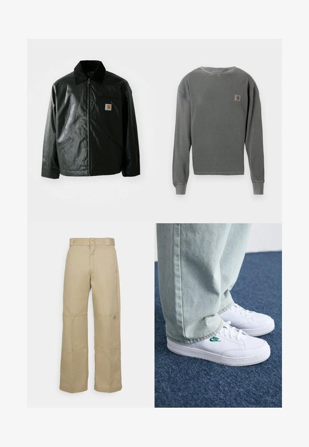 Black zip-up jacket made of smooth, shiny material. Features a corduroy collar, two front pockets, and a small logo patch on the chest.; Gray long-sleeve crewneck sweatshirt with ribbed texture, featuring a small square logo patch on the left chest and ribbed cuffs.; Beige wide-leg pants made of sturdy fabric, featuring a high waist, visible stitching, and a small logo patch on the side.; White leather sneakers with green Nike logo, round toe, flat sole, paired with light blue denim pants, shown on a blue carpet.