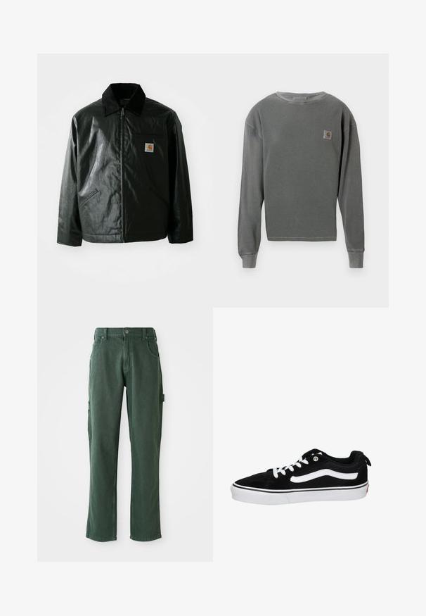 Chaqueta negra con cremallera hecha de un material liso y brillante. Presenta un cuello de pana, dos bolsillos frontales y un pequeño parche con el logo en el pecho.; Sudadera gris de manga larga con cuello redondo y textura acanalada, que presenta un pequeño parche de logo cuadrado en el lado izquierdo del pecho y puños acanalados.; Pantalones cargo verdes de algodón, con un corte recto, bolsillos y costuras a tono. Textura suave con un brillo sutil.; Zapatillas bajas de ante negro con cordones blancos, raya lateral blanca y suela de goma con acentos en blanco y negro.