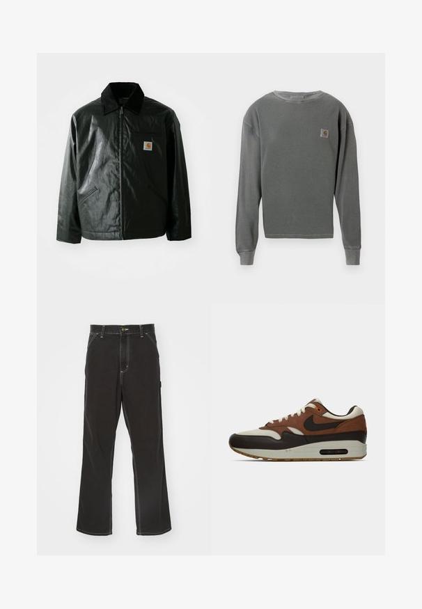 Veste noire zippée en matériau lisse et brillant. Elle dispose d'un col en velours côtelé, de deux poches avant et d'un petit écusson logo sur la poitrine.; Sweatshirt gris à manches longues et col rond avec une texture côtelée, featuring un petit patch logo carré sur la poitrine gauche et des poignets côtelés.; Pantalons en denim noir avec une coupe droite, des coutures blanches contrastantes, des poches avant et une fermeture à bouton à la taille.; Baskets Nike Air Max marron, crème et noires avec semelle à coussin d'air visible et design à lacets, montrées en profil latéral sur un fond blanc.