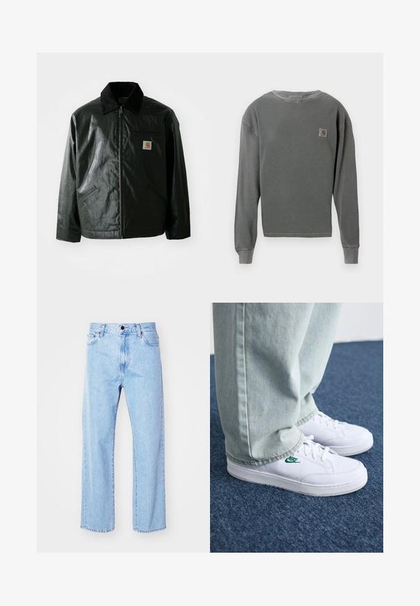 Veste noire zippée en matériau lisse et brillant. Elle dispose d'un col en velours côtelé, de deux poches avant et d'un petit écusson logo sur la poitrine.; Sweatshirt gris à manches longues et col rond avec une texture côtelée, featuring un petit patch logo carré sur la poitrine gauche et des poignets côtelés.; Jean denim bleu clair avec un design à jambe droite, taille haute, style à cinq poches et une fermeture classique à bouton et zip.; Baskets en cuir blanc avec logo Nike vert, bout rond, semelle plate, associées à un pantalon en denim bleu clair, présentées sur un tapis bleu.