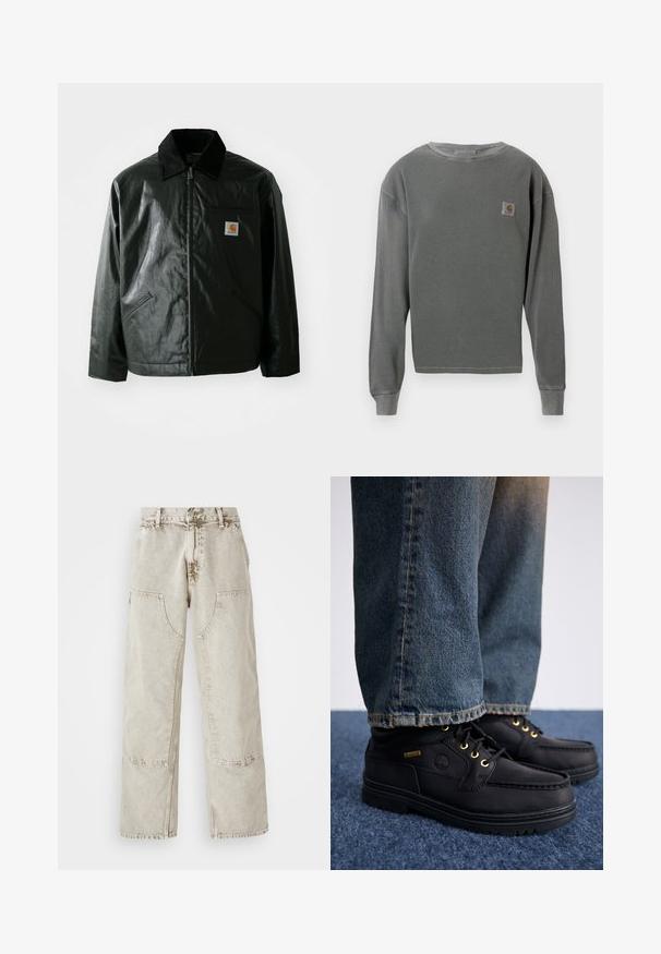 Mustat vetoketjulliset takit, jotka on valmistettu sileästä, kiiltävästä materiaalista. Sisältää kangastakin kauluksen, kaksi etutaskua ja pienen logopatchin rinnassa.; Harmaa pitkähihainen pyöreäkauluksinen collegepaita, jossa on ribbitettua tekstiiliä, vasemmassa rinnassa pieni neliön muotoinen logo-tila, ja ribbikevät.; Vaalean beige leveälahkeiset farkut, jotka on valmistettu denimmateriaalista. Niissä on isot läpätaskut, kontrastivärinen ommel ja hieman haalistunut pinta.; Musta nahkakengät kultaisilla rei'illä ja tekstuuripinnalla, yhdistettynä sinisiin farkkuihin. Kengissä on kerroksellinen pohja ja brändäysyksitys.