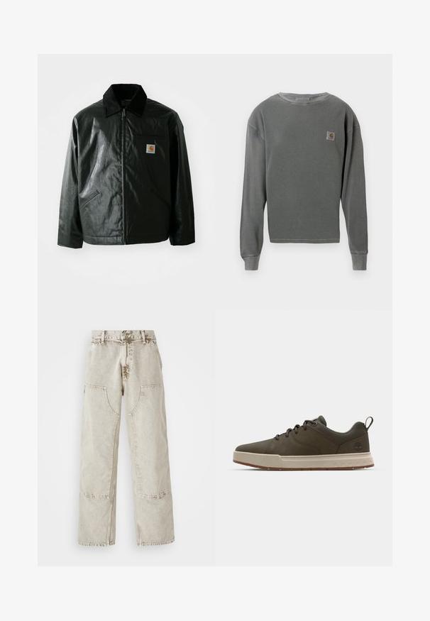 Casaco preto com fecho éclair, feito de material liso e brilhante. Apresenta um colarinho de veludo, dois bolsos frontais e um pequeno emblema no peito.; Sweatshirt cinza de manga longa e gola redonda com textura canelada, apresentando um pequeno emblema em forma de quadrado no lado esquerdo do peito e punhos canelados.; Jeans de perna larga em bege claro, feitos de denim, com bolsos grandes tipo patch, costura em contraste e uma textura ligeiramente desbotada.; Sapatilha verde escura com um cabedal liso, entressola bege clara e sola de borracha. Apresenta um bico arredondado e uma marcação minimalista no calcanhar.