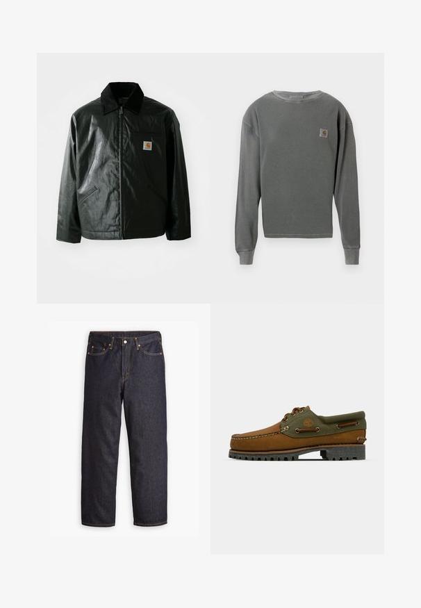 Melnā zip-up jaka, izgatavota no gludas, spīdīgas materiāla. Ir korduroja apkakle, divas priekšējās kabatas un neliela logo placdarma uz krūtīm.; Pelēks garās piedurknes kruzēns ar ribotu tekstūru, ar mazu kvadrātveida logotipa uzšuvumu kreisajā krūtī un ribotām aprocēm.; Levi's® 578® BAGGY - Plati džinsi - good as new rinse; Brūnas ādas kurpes ar zaļiem tekstilmateriāla akcentiem. Tām ir mokasīnu stila dizains, izšūta emblēma un izturīga gumijas zole ar dziļu profilu.