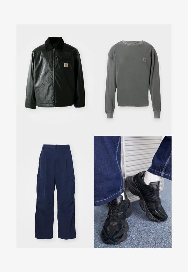 Svart zip-up jakke laget av jevnt, blankt materiale. Har en kordfløyelskrage, to frontlommer og en liten logo-lapp på brystet.; Grå langermet genser med rund hals og ribbestruktur, med et lite firkantet logo-patch på venstre bryst og ribbestrikkede mansjetter.; Navy cargo bukser laget av bomull med en avslappet passform. Har to sidelommer og en knappelukking i livet. Glatt tekstur og rette ben.; Svart sneakers med en kombinasjon av teksturerte og glatte materialer, fremtredende snøring og en kraftig såle, kombinert med mørke denimbukser.