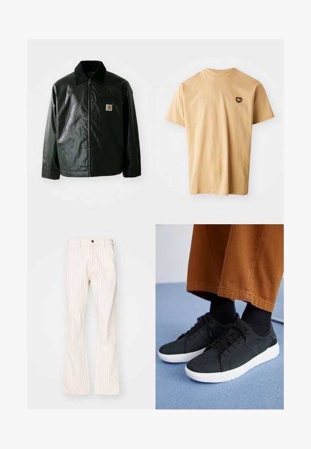 Schwarze Zip-Jacke aus glattem, glänzendem Material. Verfügt über einen Cordkragen, zwei Fronttaschen und ein kleines Logo-Patch auf der Brust.; Beige Baumwoll-T-Shirt mit kurzen Ärmeln, rundem Halsausschnitt und einem kleinen braunen Herz-Logo auf der linken Brustseite. Glatte Textur, lässiges Design.; Helle, cremefarbene Schlaghosen mit vertikalen roten Nadelstreifen, ausgestattet mit einem Knopfverschluss, seitlichen Taschen und einem glatten, strukturierten Stoff.; Schwarze Wildleder-Sneaker mit weißen Gummisohlen, mit Schnürdesign, strukturierten Akzenten und dezentem Branding, kombiniert mit braunen Hosen.