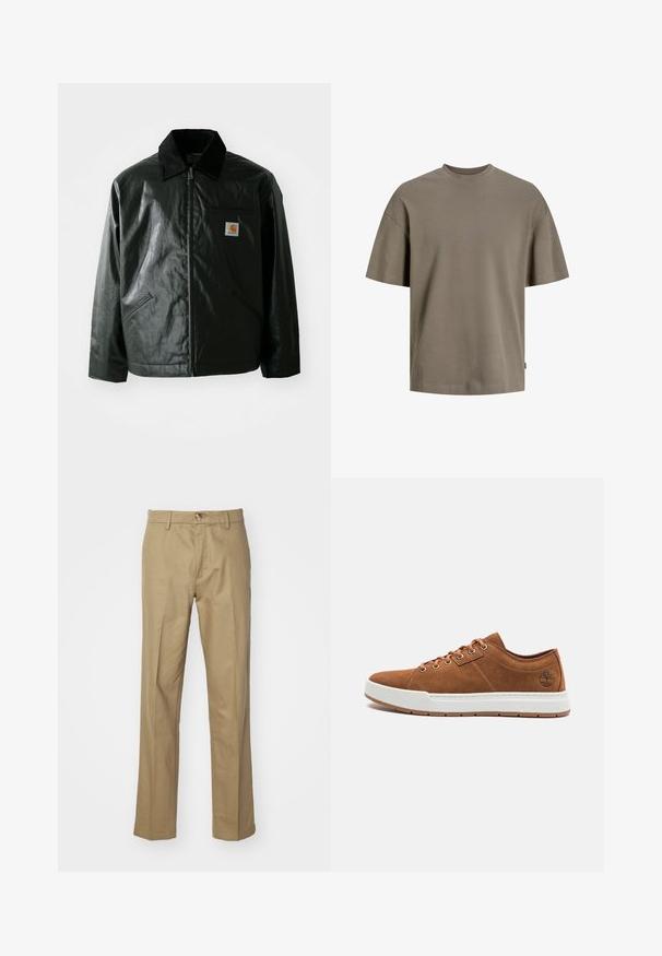 Juodas užtrauktuku užsegamas švarkas, pagamintas iš glotnaus, blizgaus medžiagos. Savybė - keteros apykaklė, dvi priekinės kišenės ir mažas logotipo ženklelis ant krūtinės.; Medvilninis marškinėliai muted olivine žalia; turi apvalų kaklą, trumpas rankoves ir laisvą siluetą su minimaliu siuvimo detalių.; Smėliniai kelnės, pagamintos iš lygios medžiagos. Tiesaus silueto dizainas su mygtuko uždarymu. Turtinga diržo kilpų ir klasikinio kirpimo funkcija užtikrina universalią prigludimą.; Rudos zomšiniai sportbačiai su balta gumine padais, apvalia nosimi, šešiais metaliniais raišteliais ir įspaustu logotipo detaliu šone. Klasikinis raištelių modelis.