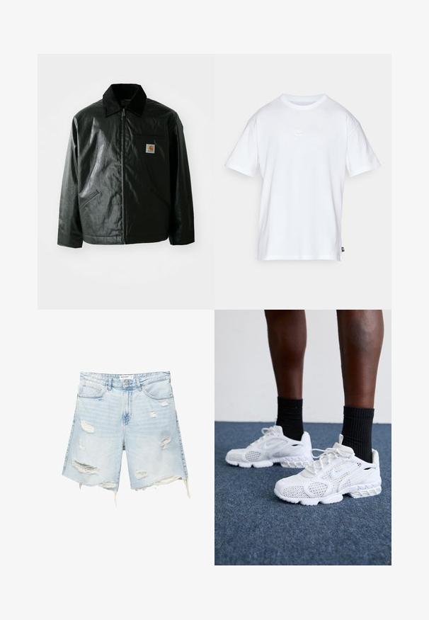 Mustat vetoketjulliset takit, jotka on valmistettu sileästä, kiiltävästä materiaalista. Sisältää kangastakin kauluksen, kaksi etutaskua ja pienen logopatchin rinnassa.; Valkoinen puuvillainen t-paita, jossa on lyhyet hihat ja pyöreä kaula-aukko. Paidassa on pieni, huomaamaton Nike-logo rinnassa ja sivulappu.; Vaaleansiniset farkkushortsit, joissa on kulutettuja yksityiskohtia, revitty helma, viisi taskua, metallinapeilla suljettava ja vyölenkit. Rennon, väljän istuvuuden muotoilu.; Valkoiset urheilukengät, joissa on verkkomateriaali, teksturoidut yksityiskohdat ja pehmeä pohja. Yhdistetty mustiin ribbikuvioisiin nilkkasukkiin sinisellä matolla.