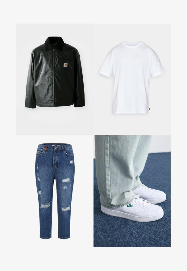 Črna jakna na zadrgo, izdelana iz gladkega, sijočega materiala. Ima žametni ovratnik, dva sprednja žepa in majhno oznako logotipa na prsih.; Bela bomba iz bombaža s kratkimi rokavi in okroglo ovratnikom. Ima majhen, diskreten Nike logotip na prsih in stranski etiket.; Modre kavbojke iz jeansa z obrabljenimi območji, vključno z velikimi raztrganinami in razbarvanimi robovi. Imajo klasičen dizajn s petimi žepi in gumbnim zapiranjem.; Bela usnjena športna obutev z zelenim Nike logotipom, okrogla konica, ravna podplat, v kombinaciji z svetlo modrimi kavbojkami, prikazana na modrem preprogu.