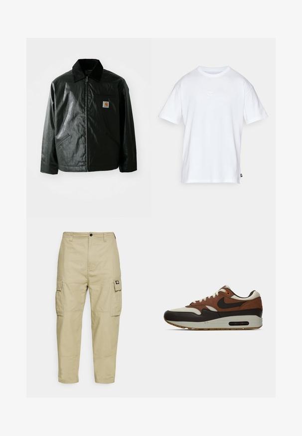 Fekete zipzáros dzseki sima, fényes anyagból. Kordbársony gallérral, két elülső zsebbel és egy kis logós felvarrással a mellkason.; Fehér pamut póló, rövid ujjakkal és kerek nyakkivágással. Jellemzője egy kis, diszkrét Nike logó a mellkason és egy oldalsó címke.; Beige színű cargo nadrág tartós anyagból, két oldalsó zsebbel, gombos záródással és sima textúrájú, beszűkített lábakkal.; Barna, krém és fekete Nike Air Max sportcipő, látható légpárnás talppal és fűzős dizájnnal, oldalnézetből bemutatva, fehér háttér előtt.