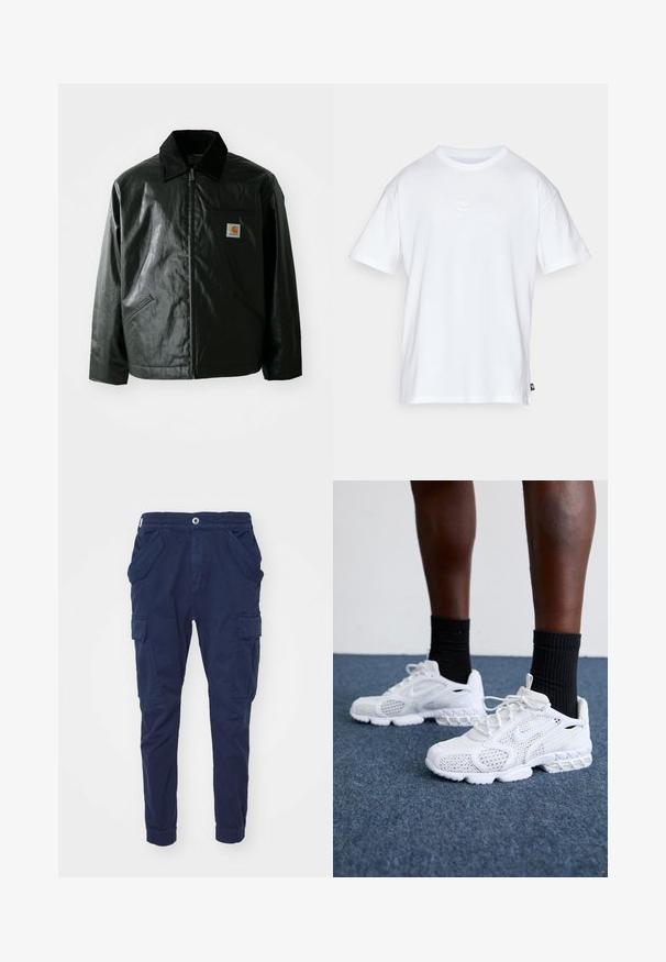 Svart zip-up jacka gjord av slätt, glänsande material. Har en manchesterkrage, två framfickor och en liten logotyp på bröstet.; Vit bomull t-shirt med korta ärmar och rund hals. Har en liten, diskret Nike-logotyp på bröstet och en sidetikett.; Marina cargo byxor i bomull med elastisk midja, två sidofickor och cargo-fickor på varje ben. Smal passform vid vristen.; Vita sportskor med meshovandel, texturerade detaljer och välvd sula. Matchade med svarta ribbade ankelsockor på en blå heltäckningsmatta.