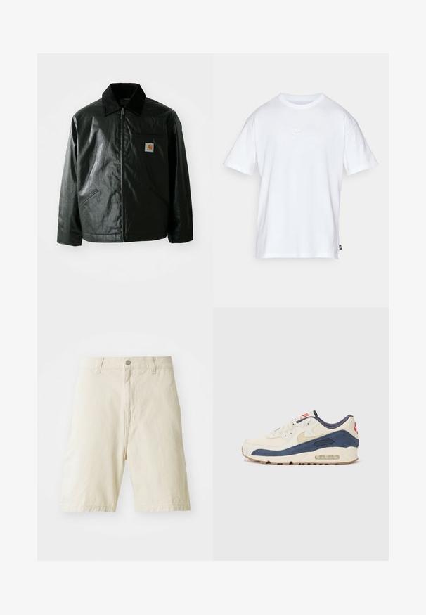 Svart zip-up jacka gjord av slätt, glänsande material. Har en manchesterkrage, två framfickor och en liten logotyp på bröstet.; Vit bomull t-shirt med korta ärmar och rund hals. Har en liten, diskret Nike-logotyp på bröstet och en sidetikett.; Beige bomullsshorts med rak skärning, knapp- och dragkedjestängning, två framfickor och en slät yta. Inga synliga mönster eller detaljer.; Sneakers med ovandel i krämfärgad läder och marinblå mocka, featuring en synlig luftsål, beige gummisula och röd accent på hälen.