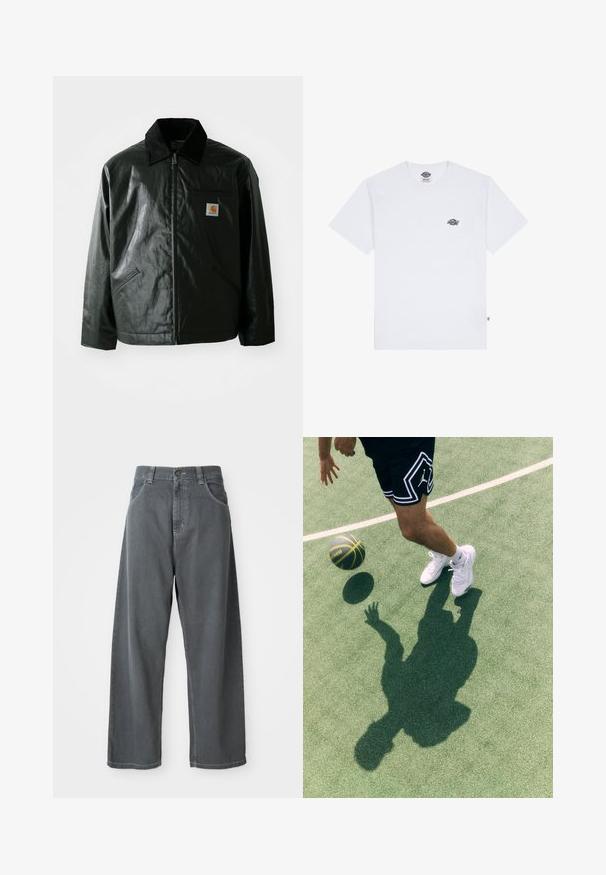 Juodas užtrauktuku užsegamas švarkas, pagamintas iš glotnaus, blizgaus medžiagos. Savybė - keteros apykaklė, dvi priekinės kišenės ir mažas logotipo ženklelis ant krūtinės.; Balta medvilnės marškinėliai trumpomis rankovėmis, su maža juoda logotipu ant krūtinės ir etikete kairiajame apatiniame kampe.; Pilkos džinsinio audinio plačios kojos kelnės su aukštu liemeniu, su priekinėmis kišenėmis, juostos kilpomis ir sagtele liemens srityje.; Juodos sportinės šortai su balta apdaila ir logotipu, baltos sportinės bateliai, ir krepšinio kamuolys viduryje šuolio ant žalios aikštelės, su matoma šešėliu.
