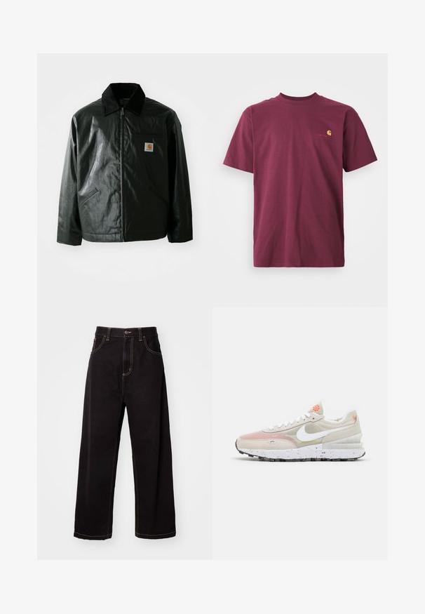 Casaco preto com fecho éclair, feito de material liso e brilhante. Apresenta um colarinho de veludo, dois bolsos frontais e um pequeno emblema no peito.; Camiseta de algodão bordeaux com mangas curtas e decote redondo. Apresenta um logótipo bordado em ouro no peito. Design simples.; Calças de ganga largas pretas com costura contrastante, design de cinco bolsos e fecho frontal com botão. Textura suave e tecido resistente.; Nike Sportswear WAFFLE ONE CRATER - Sapatilhas - cream/white/orange/black